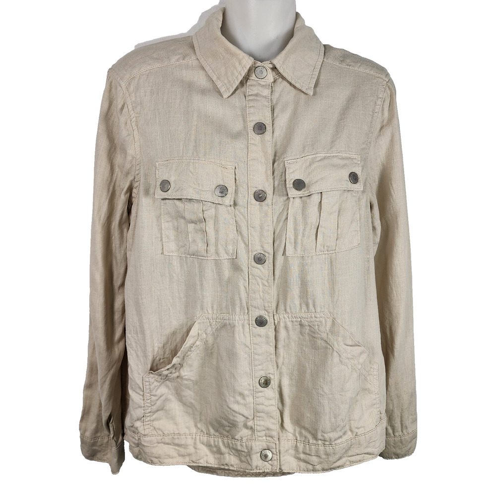 Level 99 Petite Womens Utility Shirt XSP Linen Blend Snap Front Beige Pockets